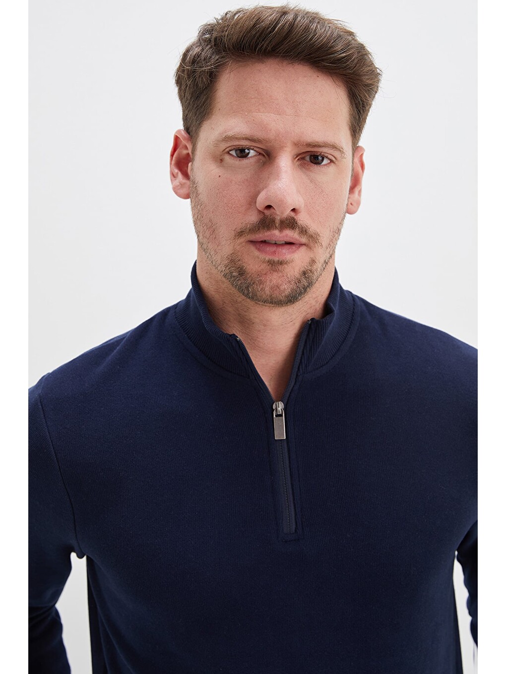 Lacivert Fitilli Dik Yaka Yarım Fermuarlı Sweatshirt-2