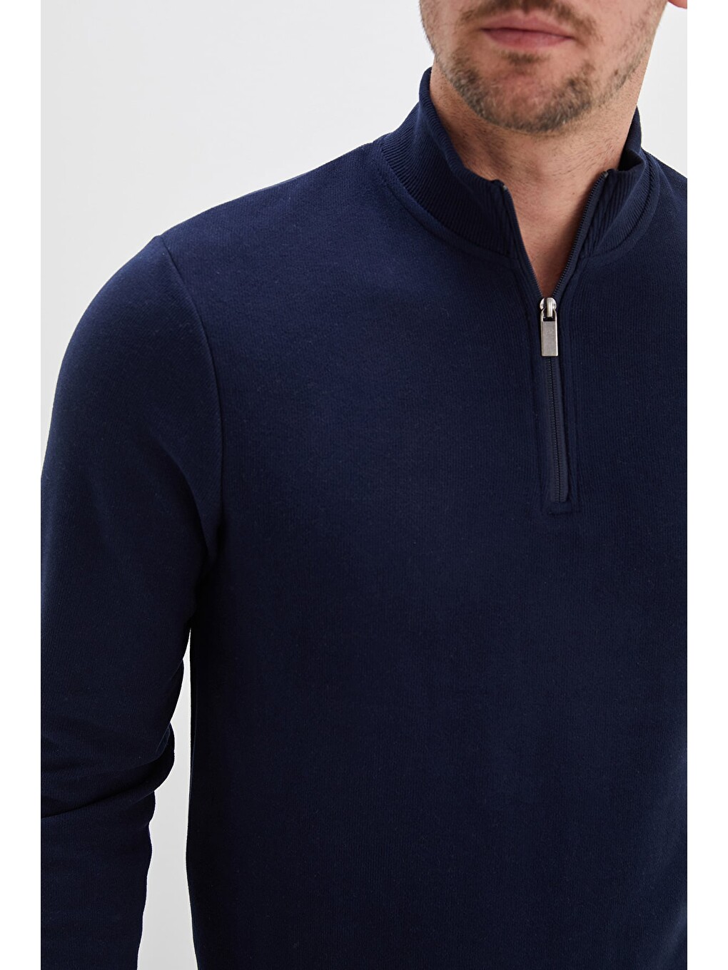 Lacivert Fitilli Dik Yaka Yarım Fermuarlı Sweatshirt-3