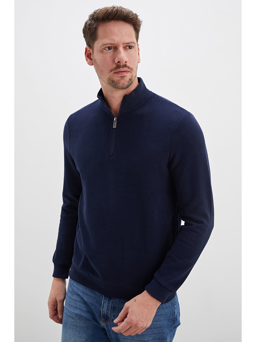 Lacivert Fitilli Dik Yaka Yarım Fermuarlı Sweatshirt-4