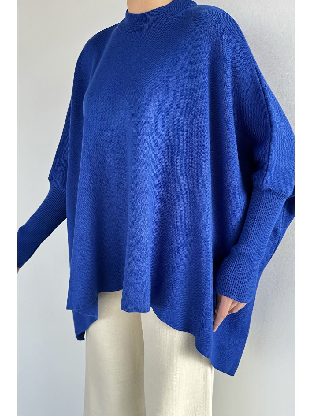 Mavi Kadın Bisiklet Yaka Düz Renk Triko Panço