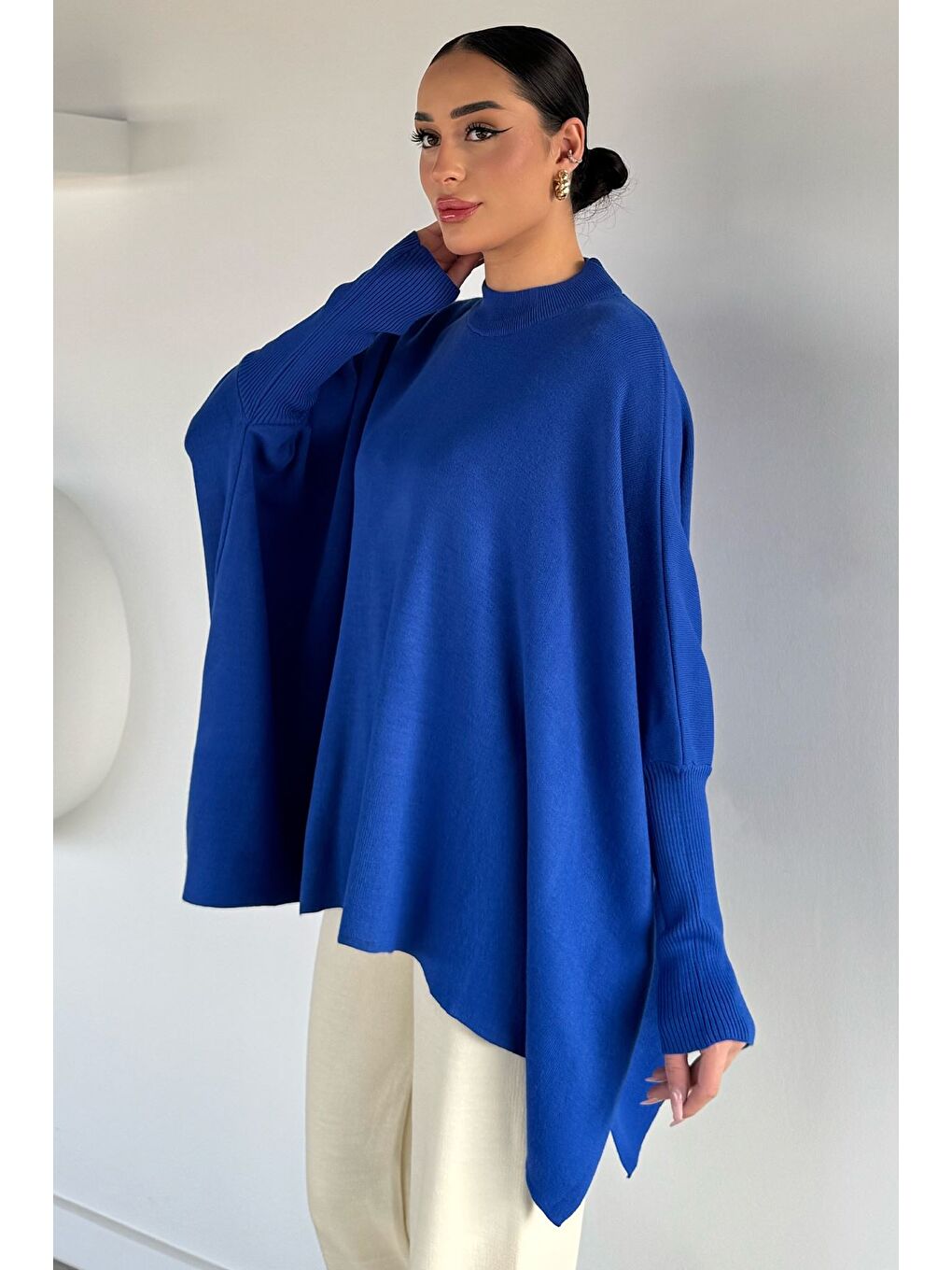 Mavi Kadın Bisiklet Yaka Düz Renk Triko Panço-2