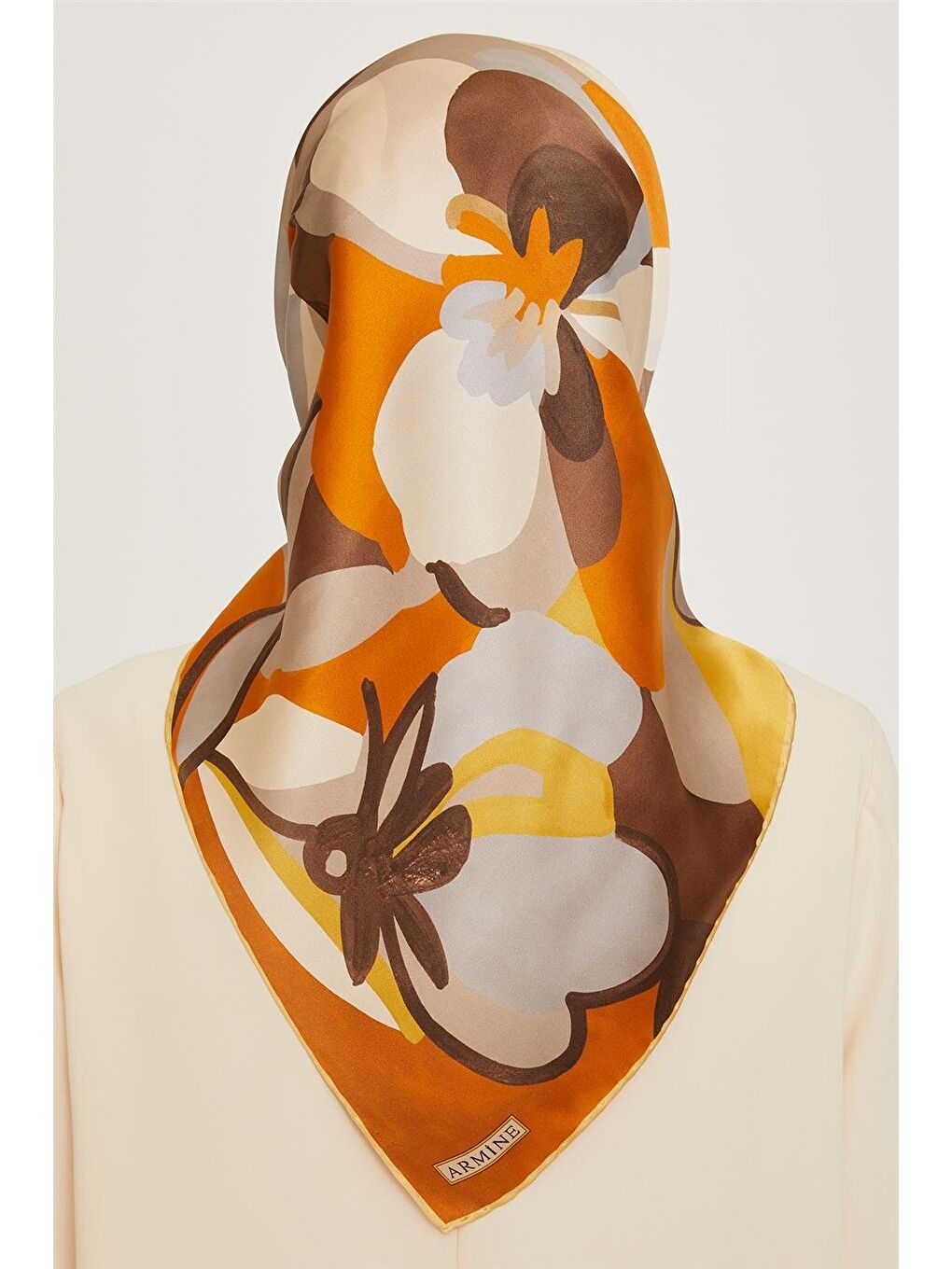 Kahverengi Çiçek Desenli Twill Saf İpek Eşarp 9200D 34-3