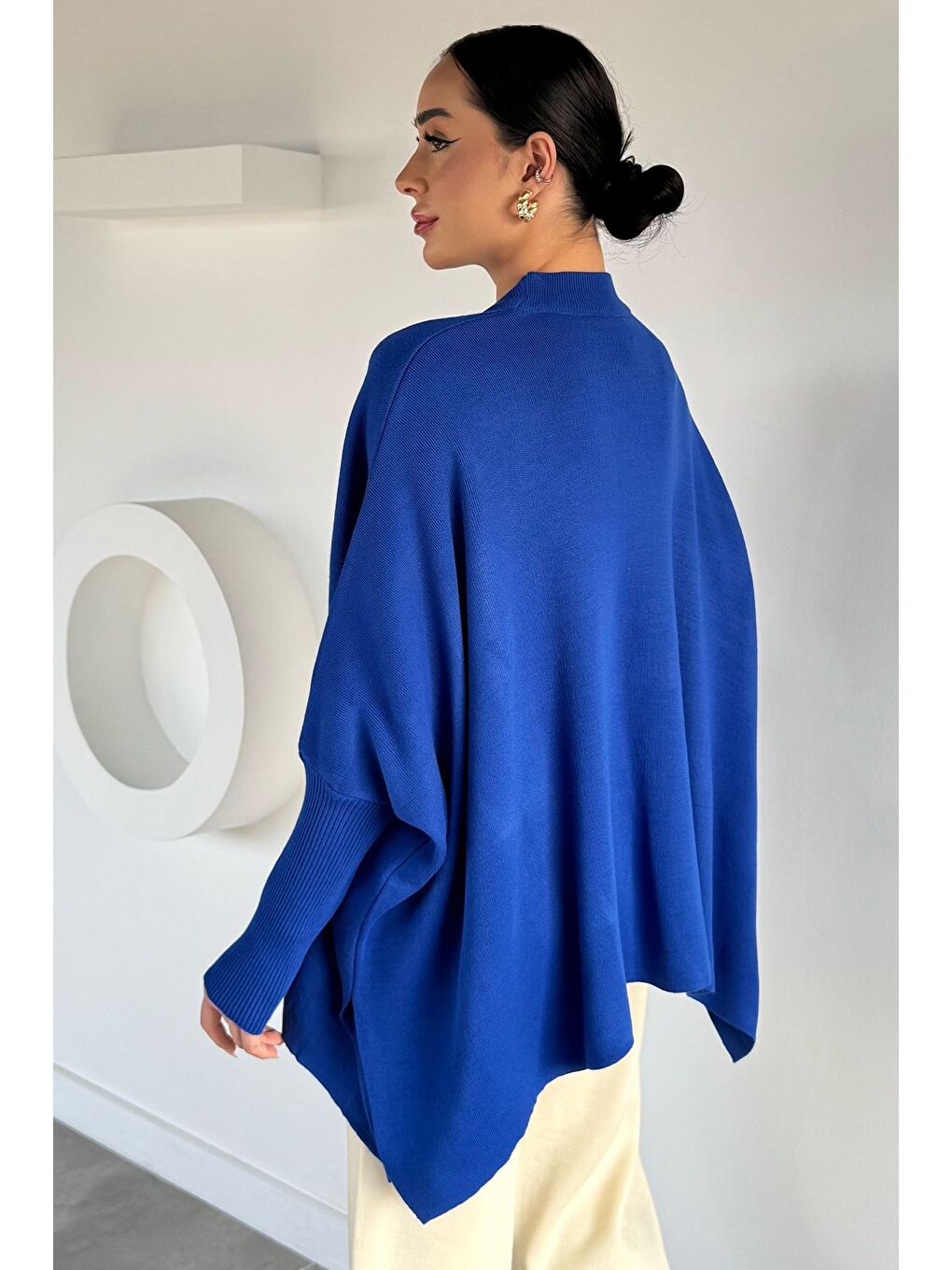 Mavi Kadın Bisiklet Yaka Düz Renk Triko Panço-3