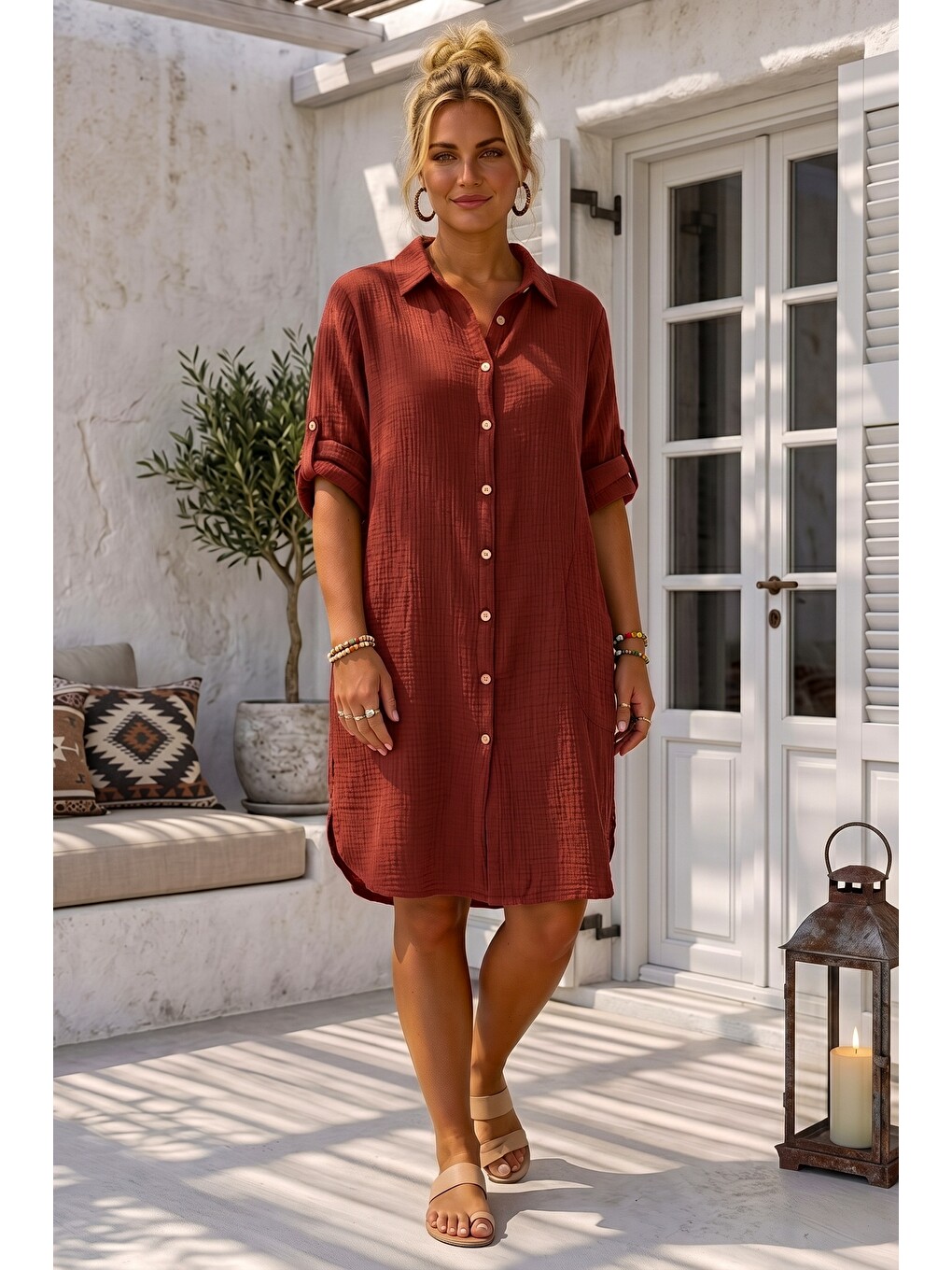 Kahverengi Kiremit Rengi Gömlek Yaka 3/4 Kol Düğmeli Cepli Casual Müslin Oversize Dokuma Elbise 97 65