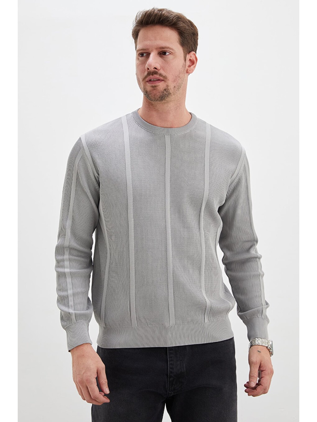 Gri Fitilli Bisiklet Yaka Regular Fit Triko Kazak-1