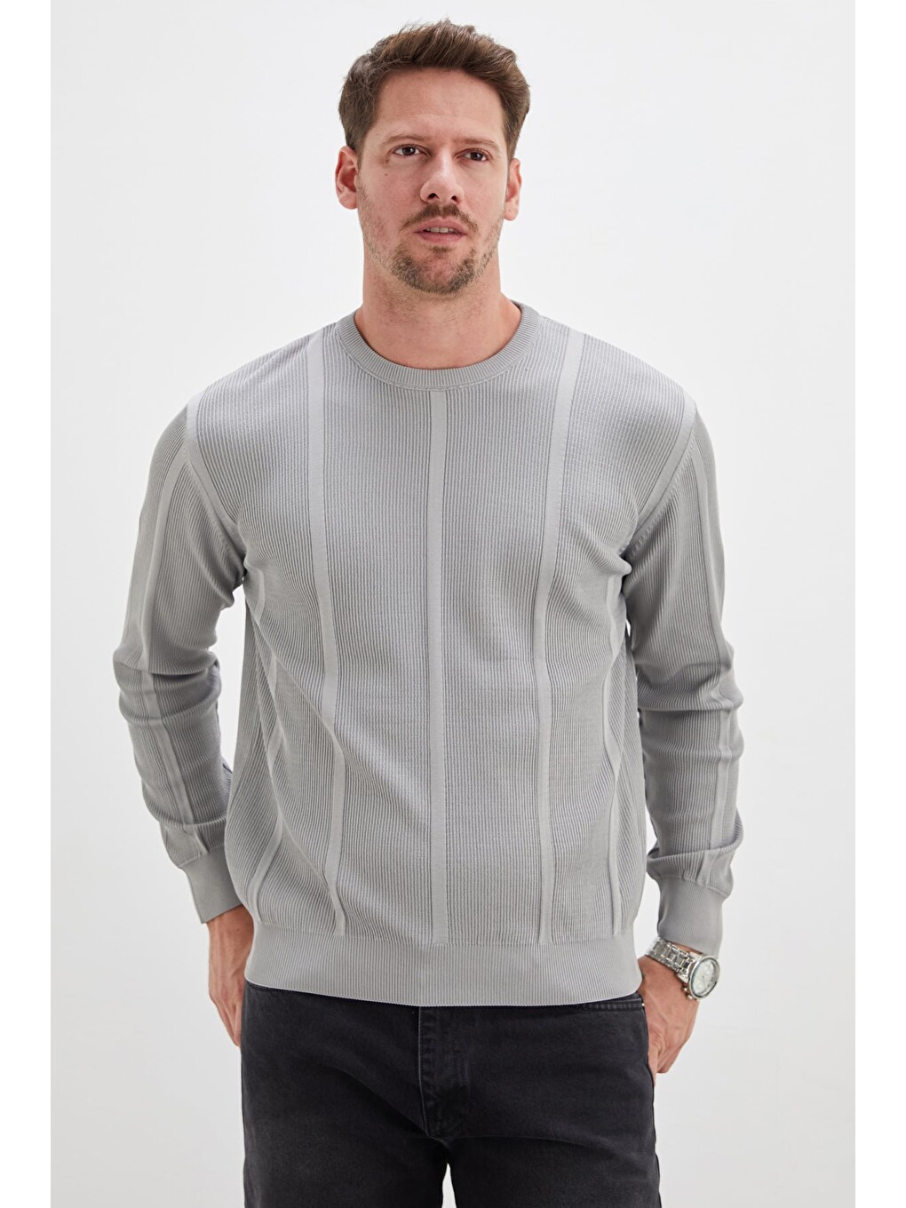 Gri Fitilli Bisiklet Yaka Regular Fit Triko Kazak-2