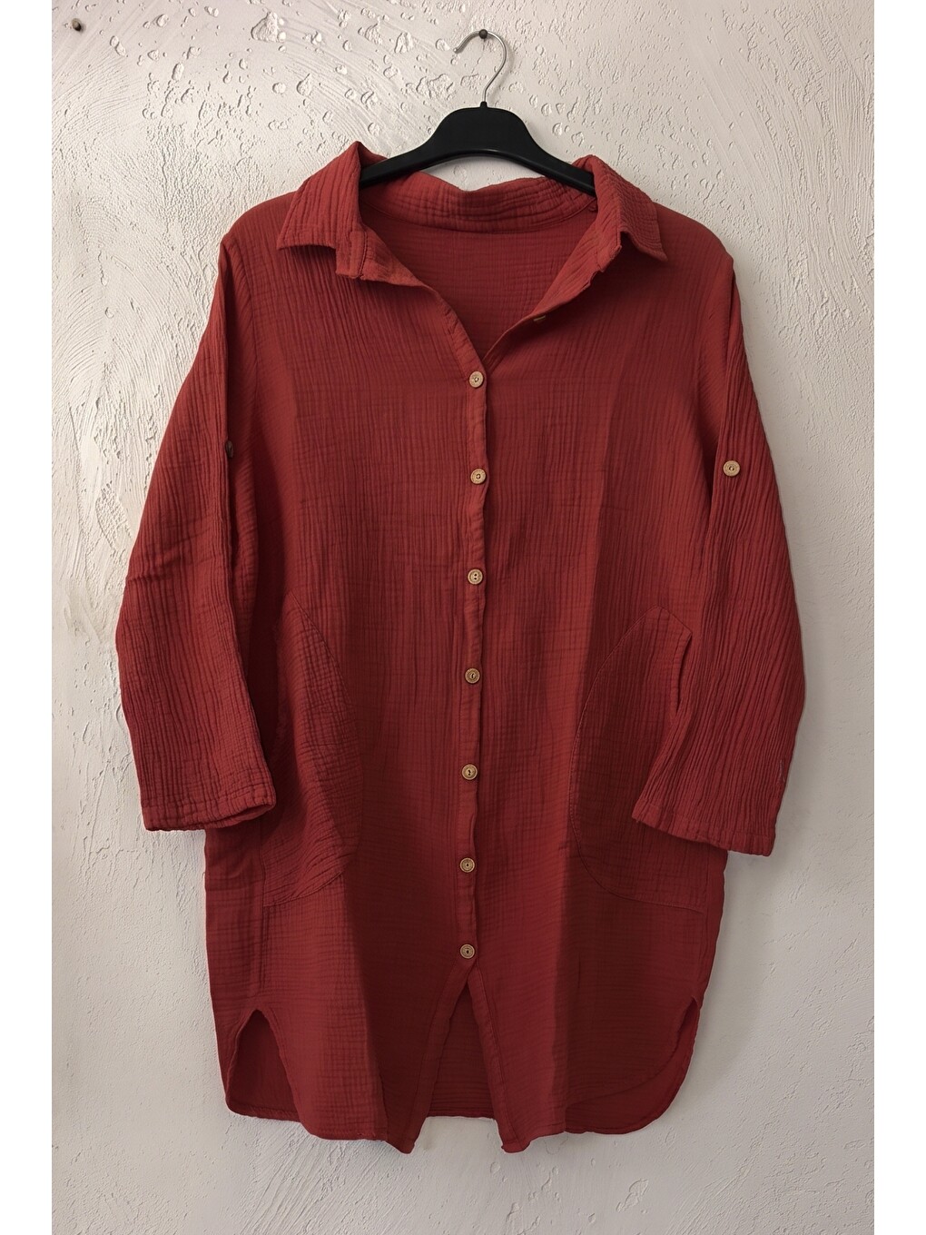 Kahverengi Kiremit Rengi Gömlek Yaka 3/4 Kol Düğmeli Cepli Casual Müslin Oversize Dokuma Elbise 97 65-1