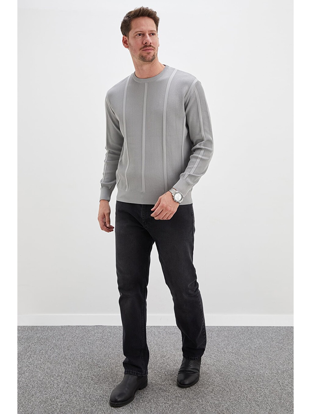 Gri Fitilli Bisiklet Yaka Regular Fit Triko Kazak-3