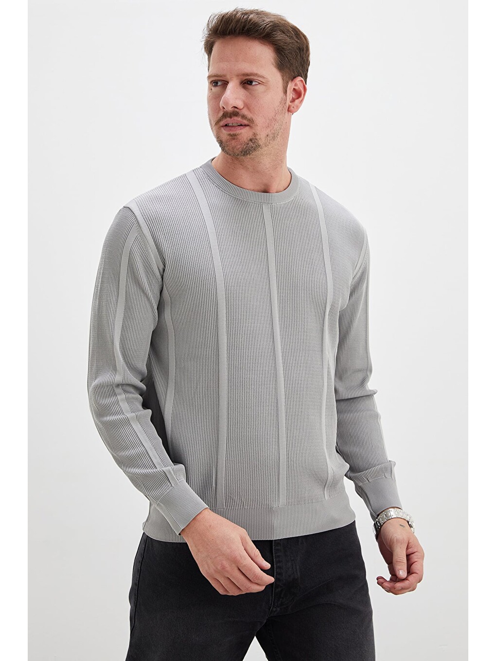 Gri Fitilli Bisiklet Yaka Regular Fit Triko Kazak-4