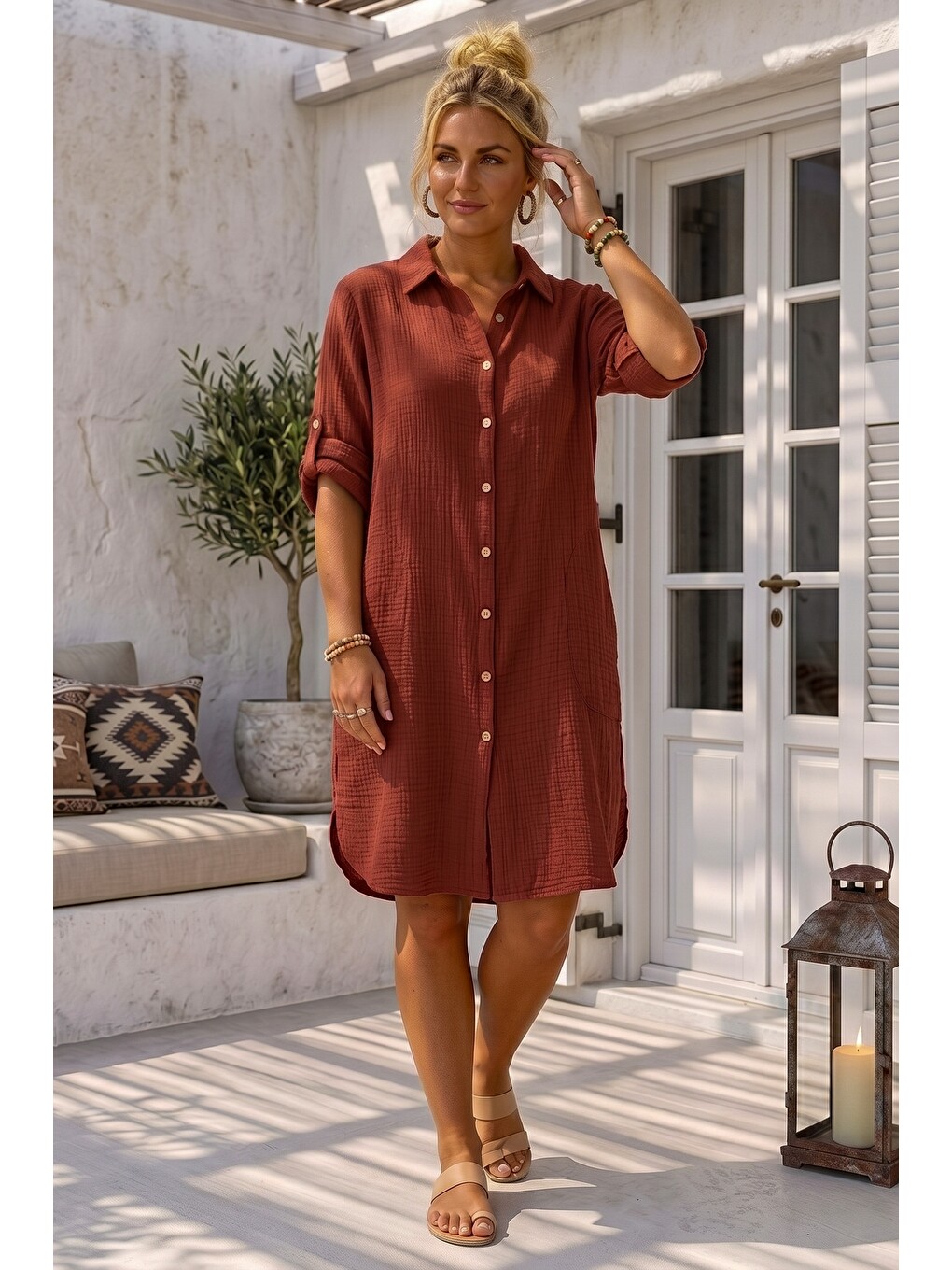 Kahverengi Kiremit Rengi Gömlek Yaka 3/4 Kol Düğmeli Cepli Casual Müslin Oversize Dokuma Elbise 97 65-2