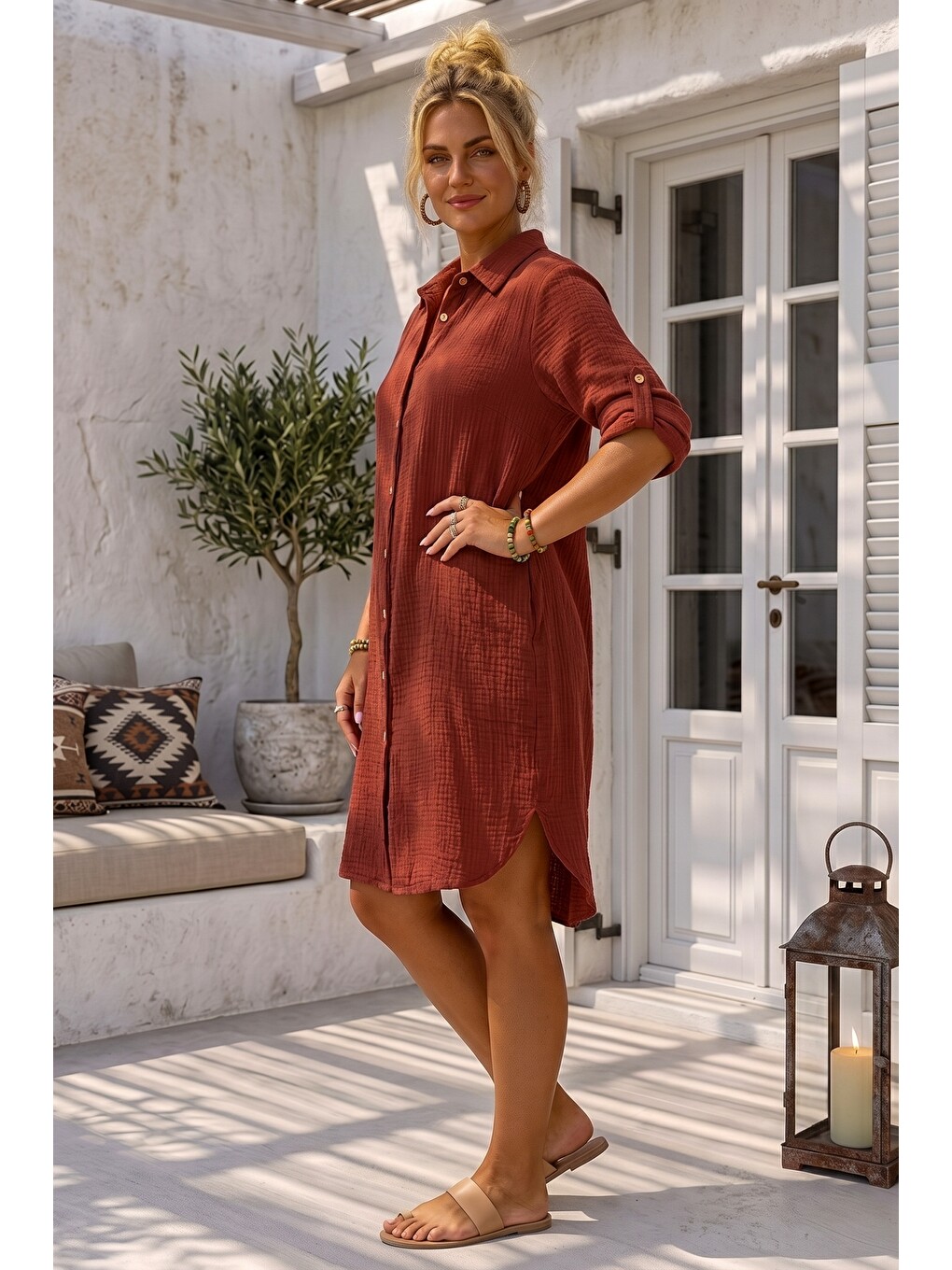 Kahverengi Kiremit Rengi Gömlek Yaka 3/4 Kol Düğmeli Cepli Casual Müslin Oversize Dokuma Elbise 97 65-3