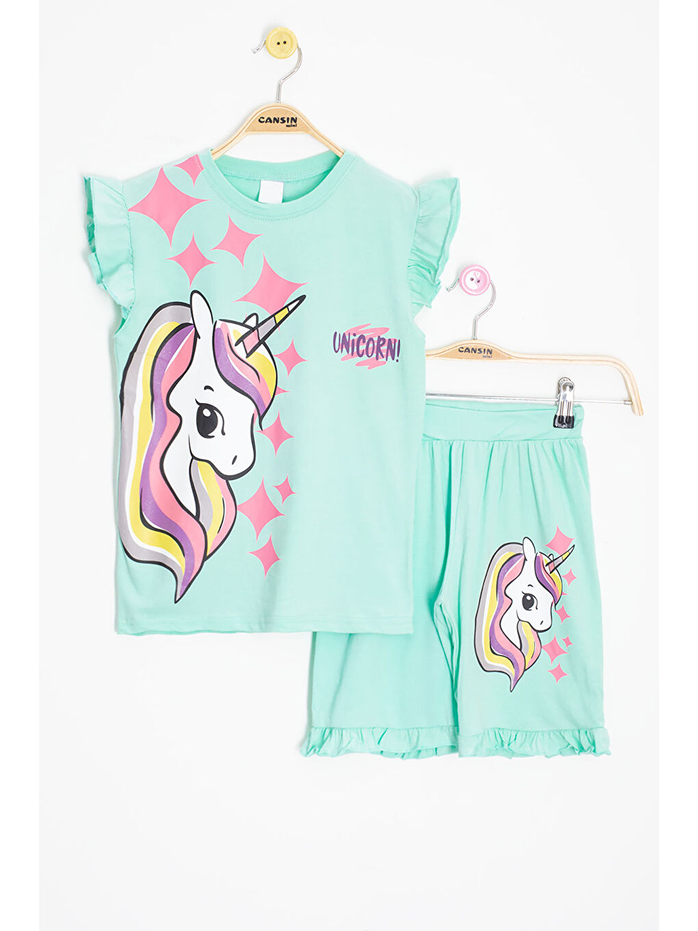 Yeşil Mint Baskılı Kız Çocuk Şortlu 2'li Takım 20612