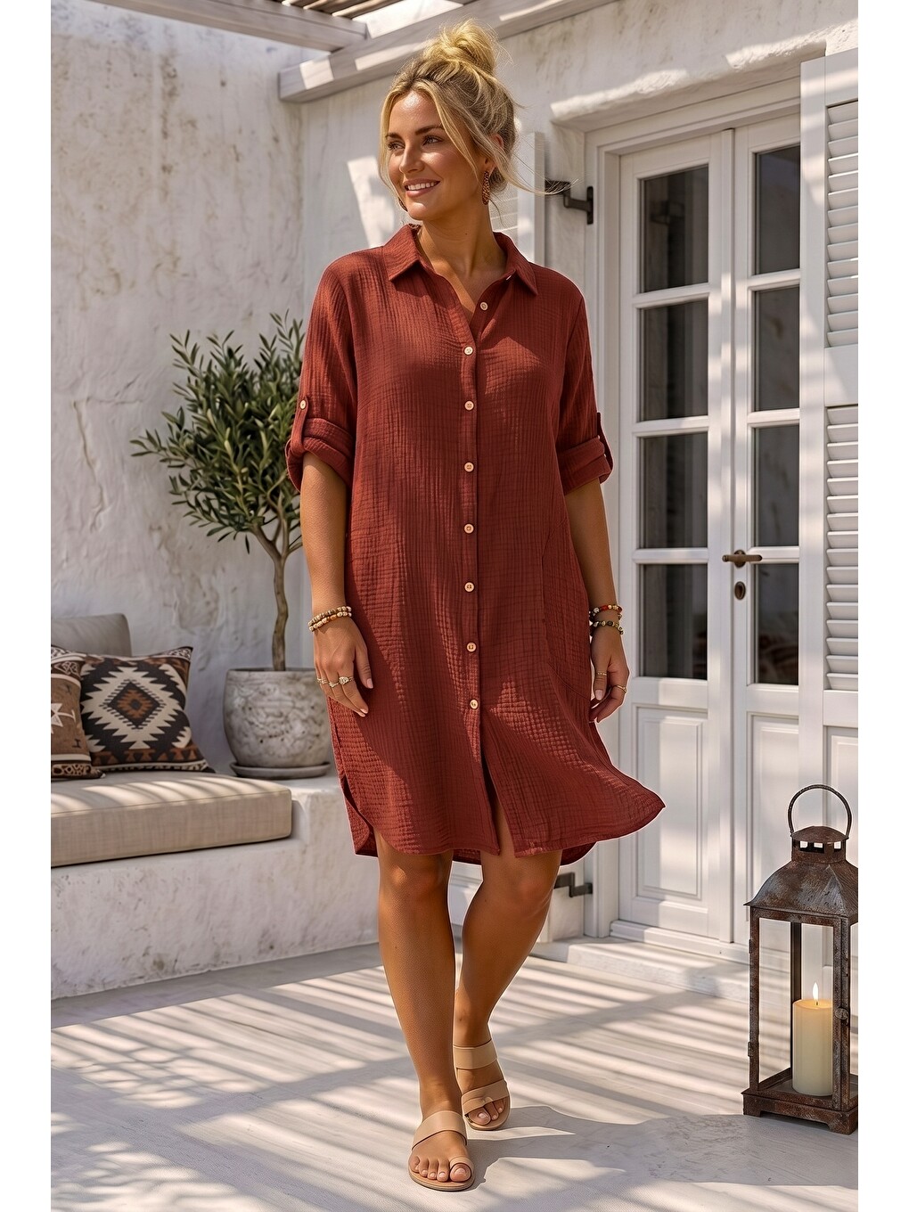 Kahverengi Kiremit Rengi Gömlek Yaka 3/4 Kol Düğmeli Cepli Casual Müslin Oversize Dokuma Elbise 97 65-4