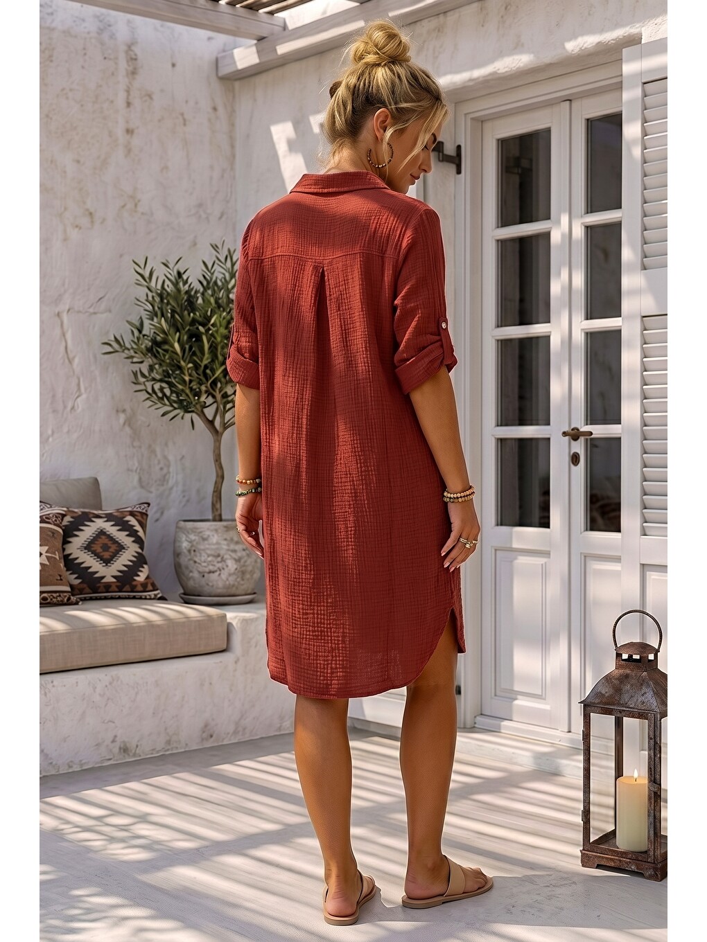 Kahverengi Kiremit Rengi Gömlek Yaka 3/4 Kol Düğmeli Cepli Casual Müslin Oversize Dokuma Elbise 97 65-6