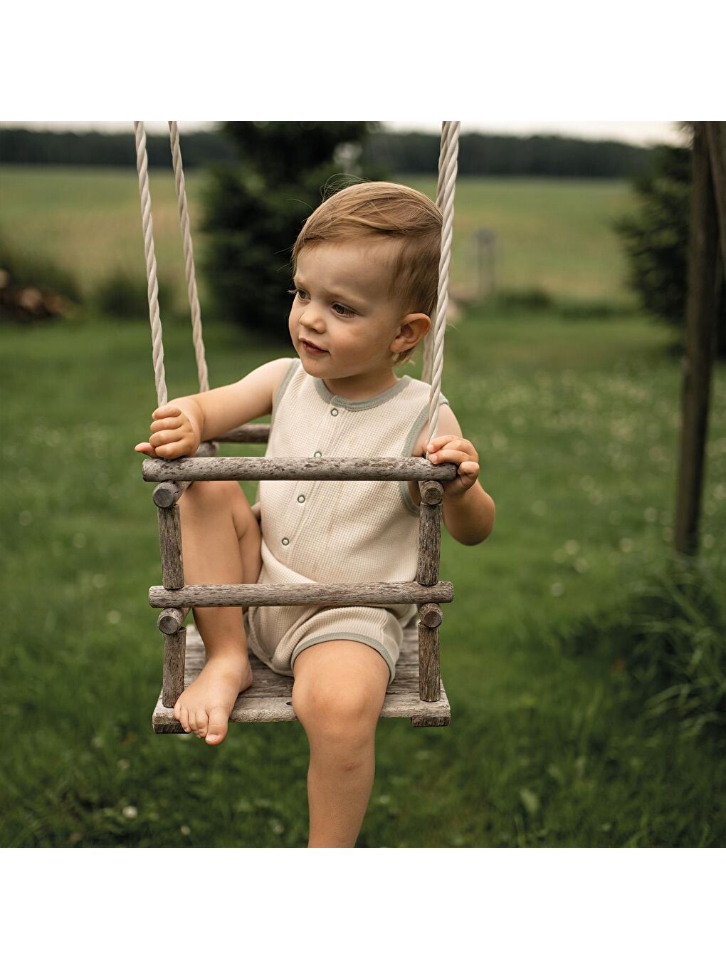 Ekru Yeşil Detaylı Bej Waffle Askılı Barbatöz