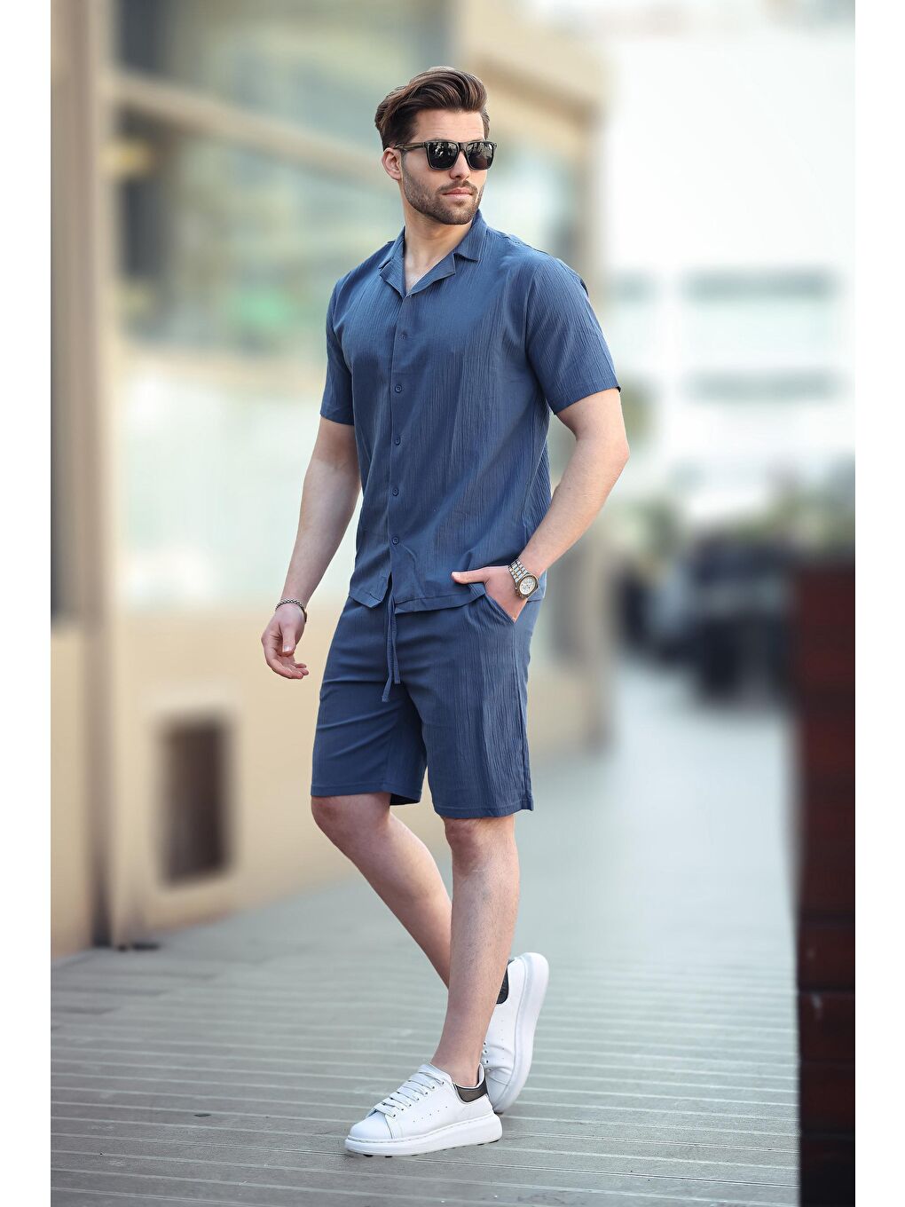 Lacivert Erkek Gömlek Şort Takımı 5956