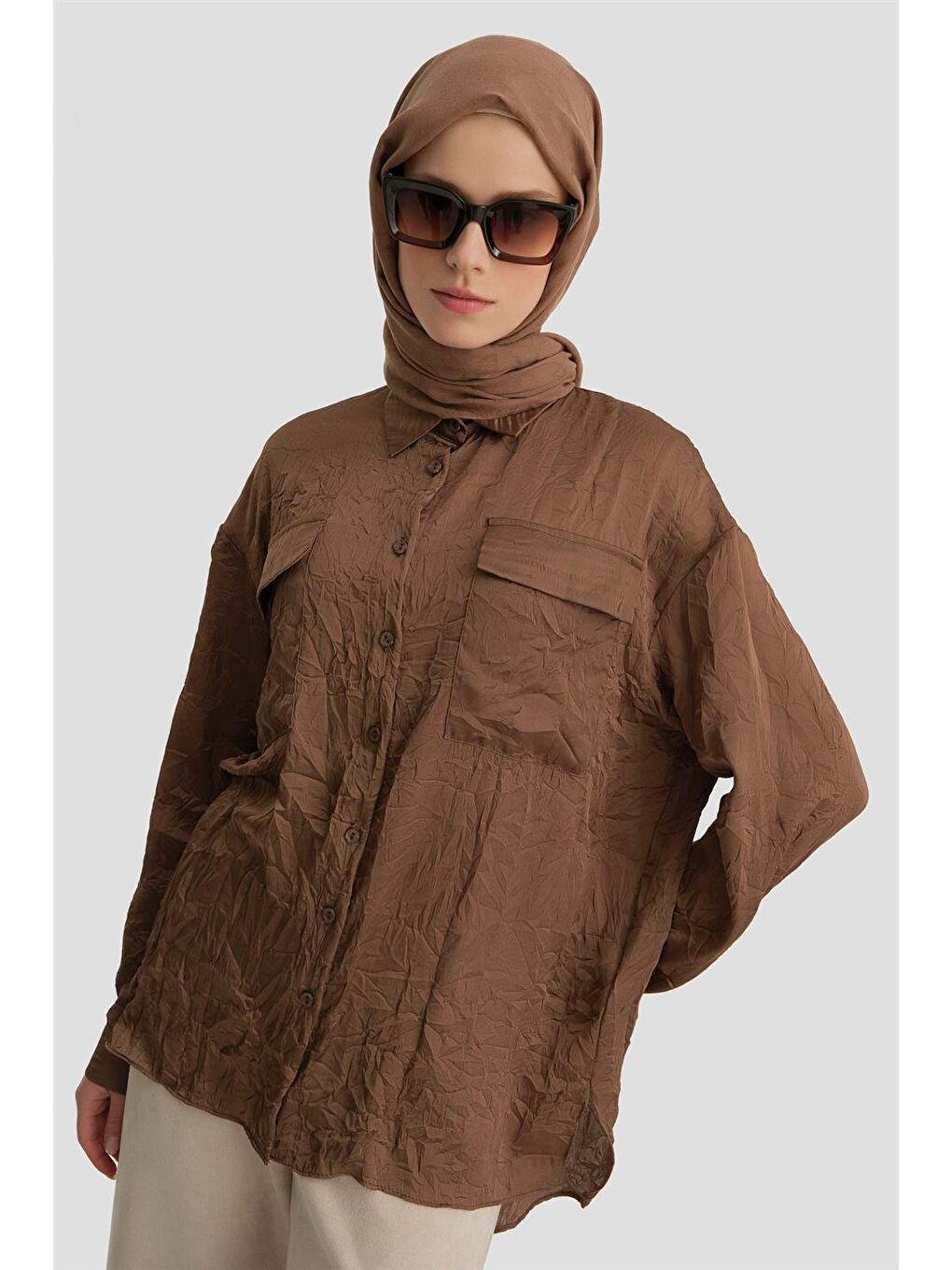 Kahverengi Cep Kapaklı Oversize Gömlek Ort3634 Acı Kahve-1