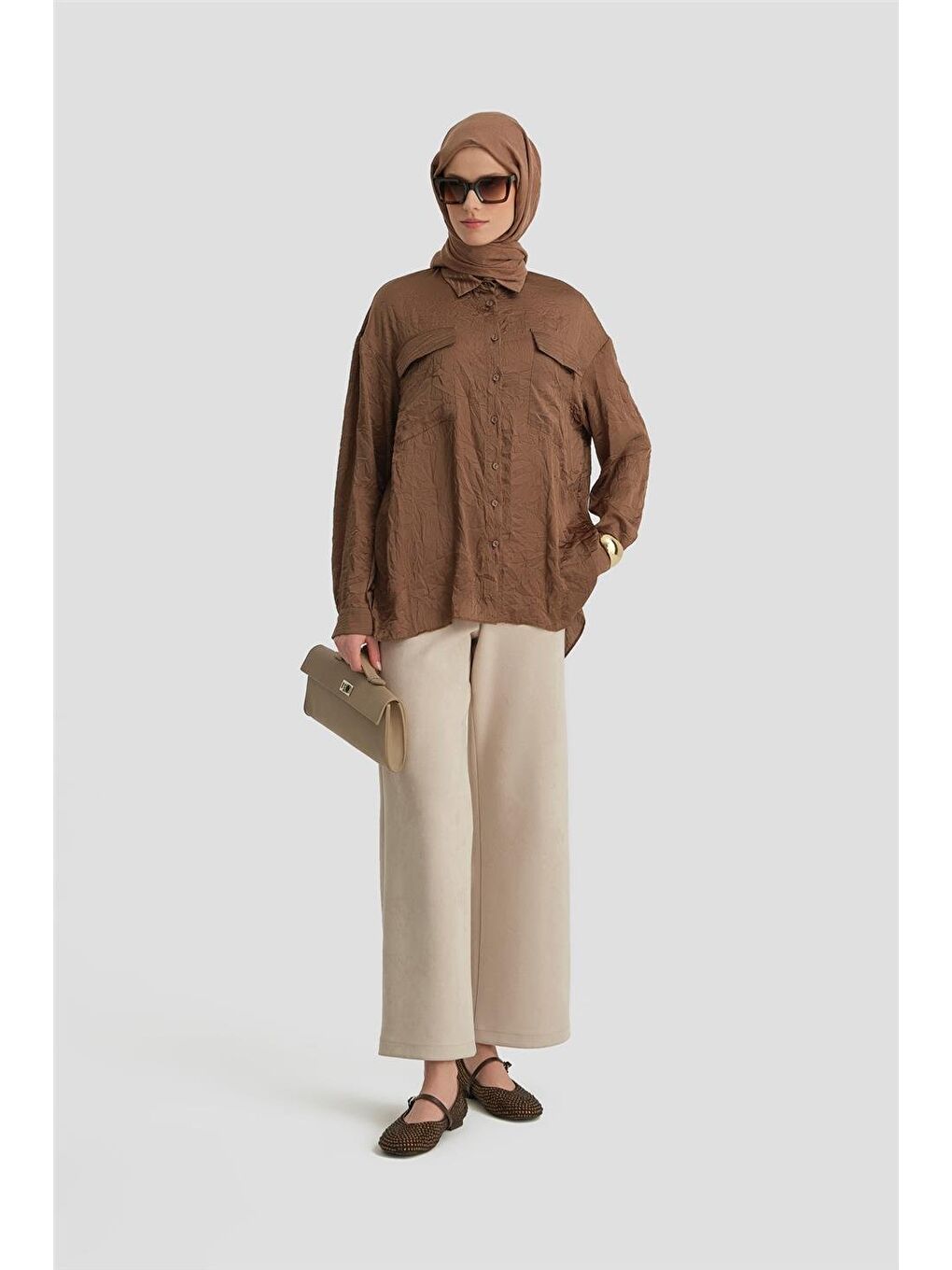 Kahverengi Cep Kapaklı Oversize Gömlek Ort3634 Acı Kahve-2