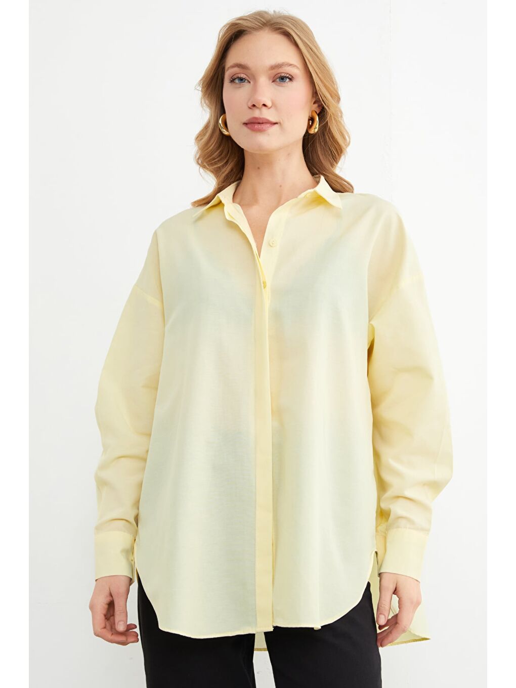 Sarı Basic Yırtmaçlı Oversize Gömlek-3