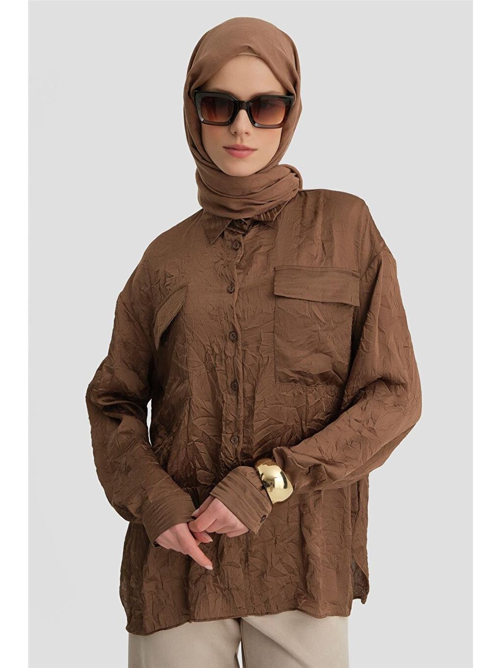 Kahverengi Cep Kapaklı Oversize Gömlek Ort3634 Acı Kahve-3