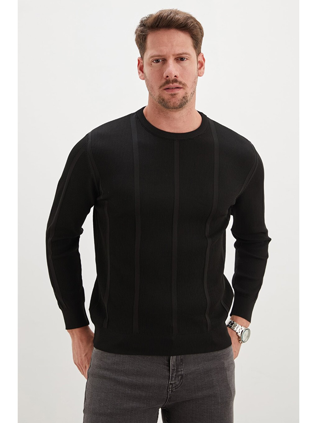 Siyah Fitilli Bisiklet Yaka Regular Fit Triko Kazak