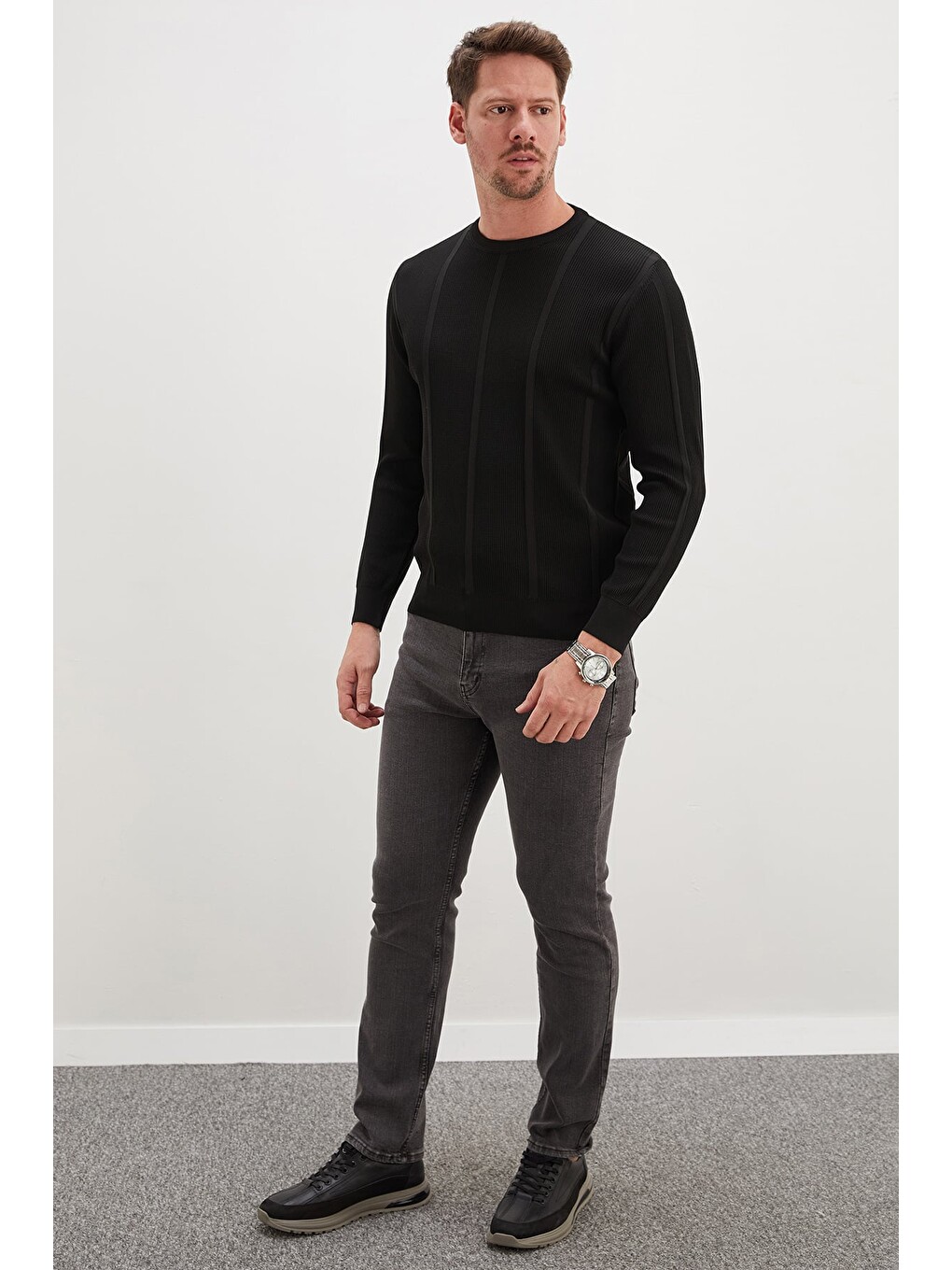 Siyah Fitilli Bisiklet Yaka Regular Fit Triko Kazak-1