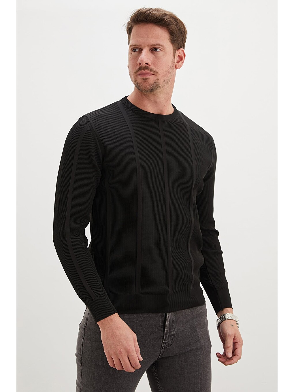 Siyah Fitilli Bisiklet Yaka Regular Fit Triko Kazak-2