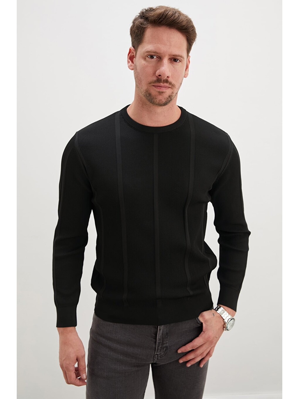Siyah Fitilli Bisiklet Yaka Regular Fit Triko Kazak-4