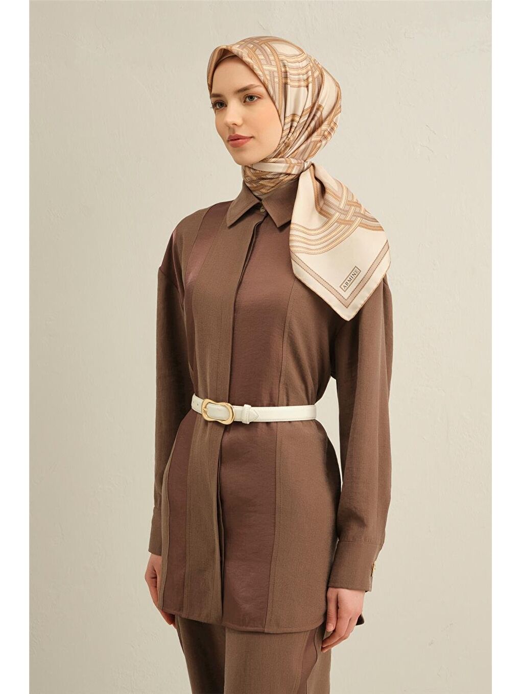 Bej Soyut Desenli Saf İpek Sura Eşarp 9333 04-1