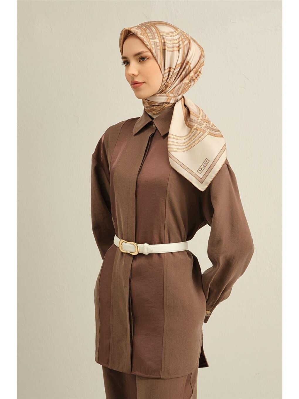 Bej Soyut Desenli Saf İpek Sura Eşarp 9333 04-2