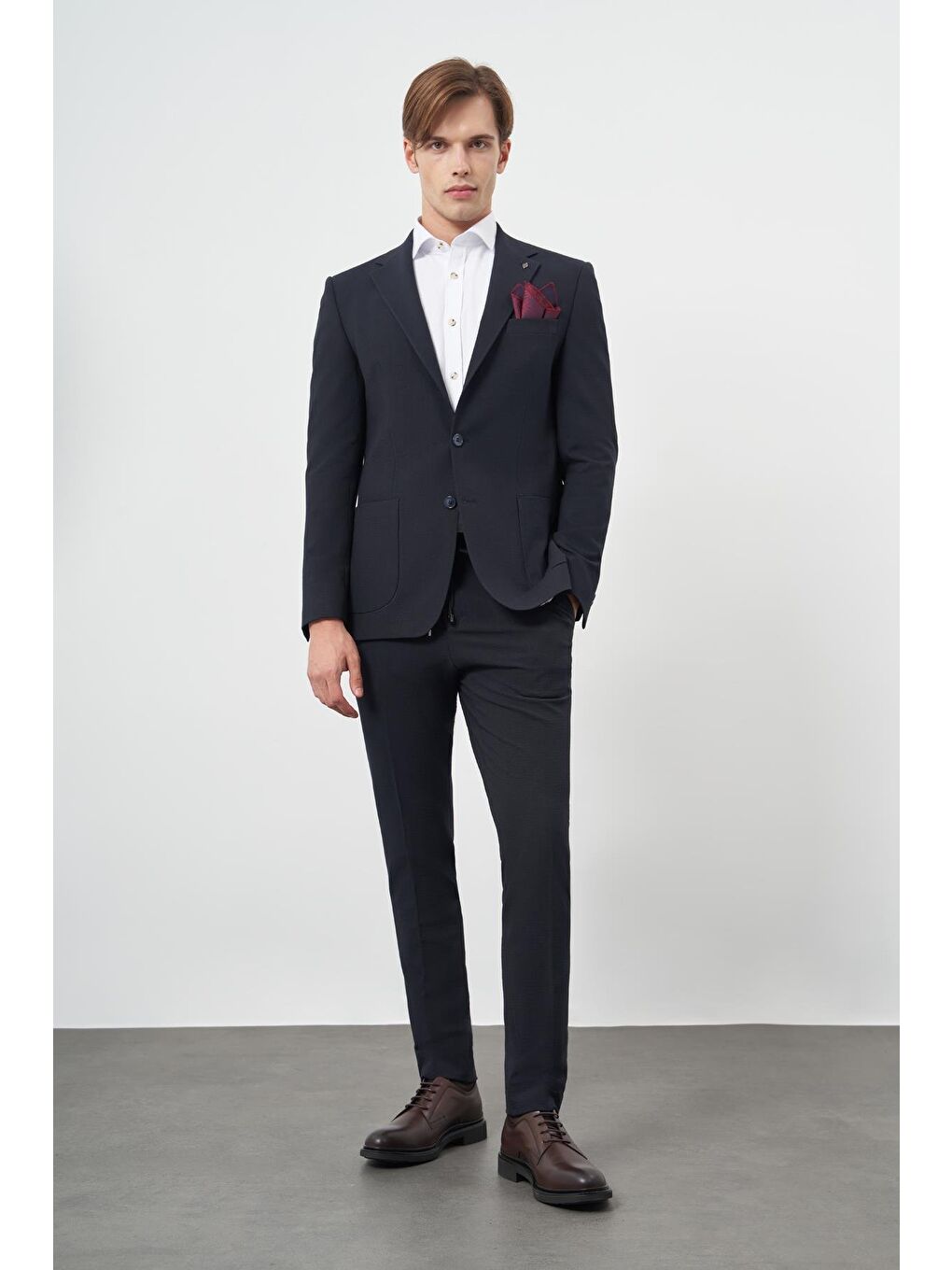 Koyu Lacivert Örme Mono Yaka Yarım Astar Esnek 6 Drop Slim Fit Classic Takım Elbise 1001245174-1