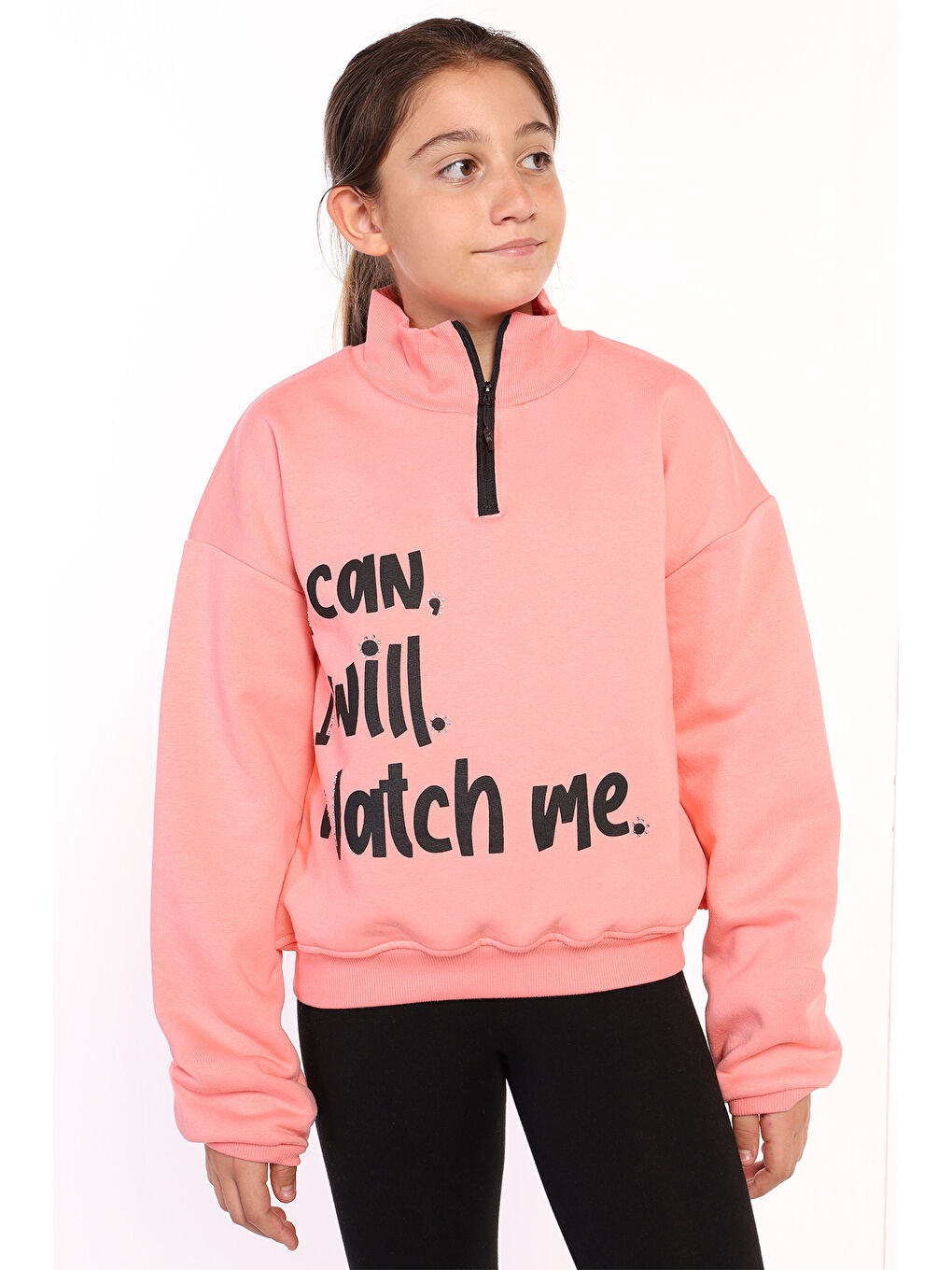 Toontoykids Pembe Kız Çocuk Dik Yaka Fermuarlı Baskılı Sweatshirt