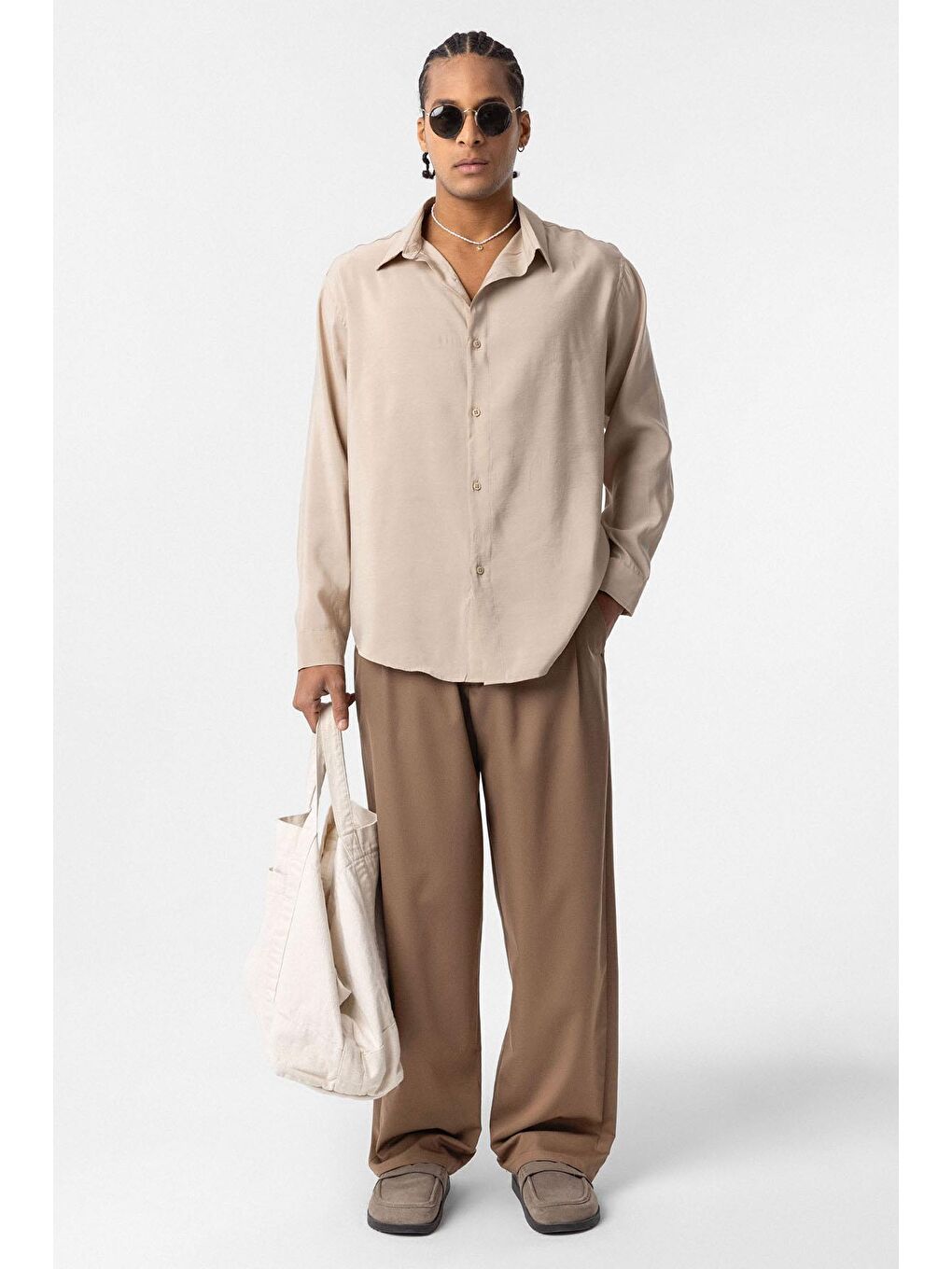 Oversize Modal Kumaş Gömlek Bej