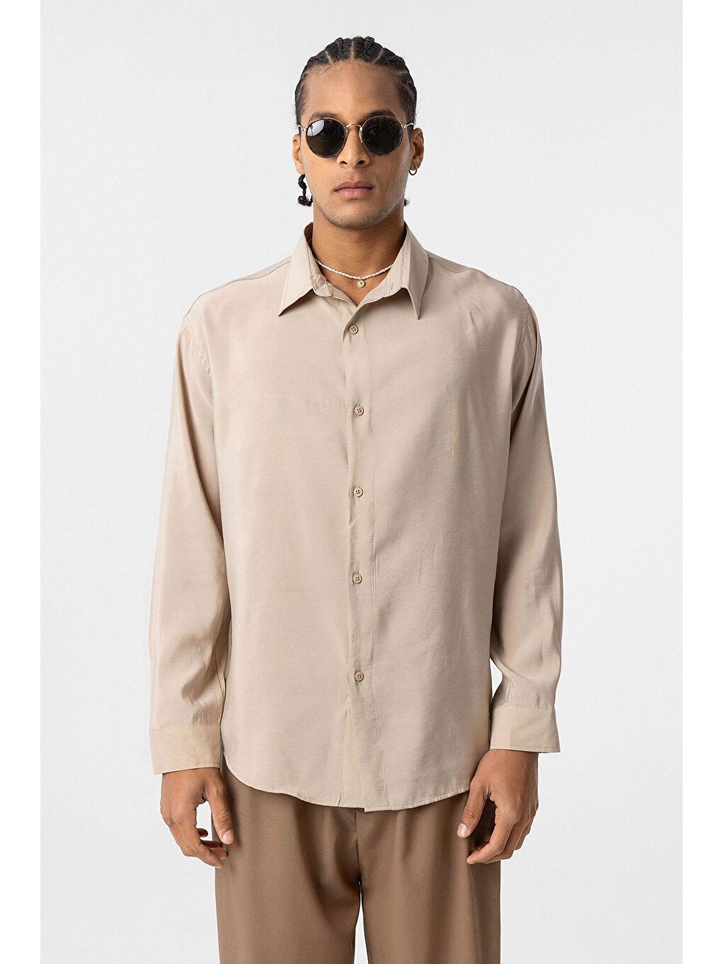 Oversize Modal Kumaş Gömlek Bej-1