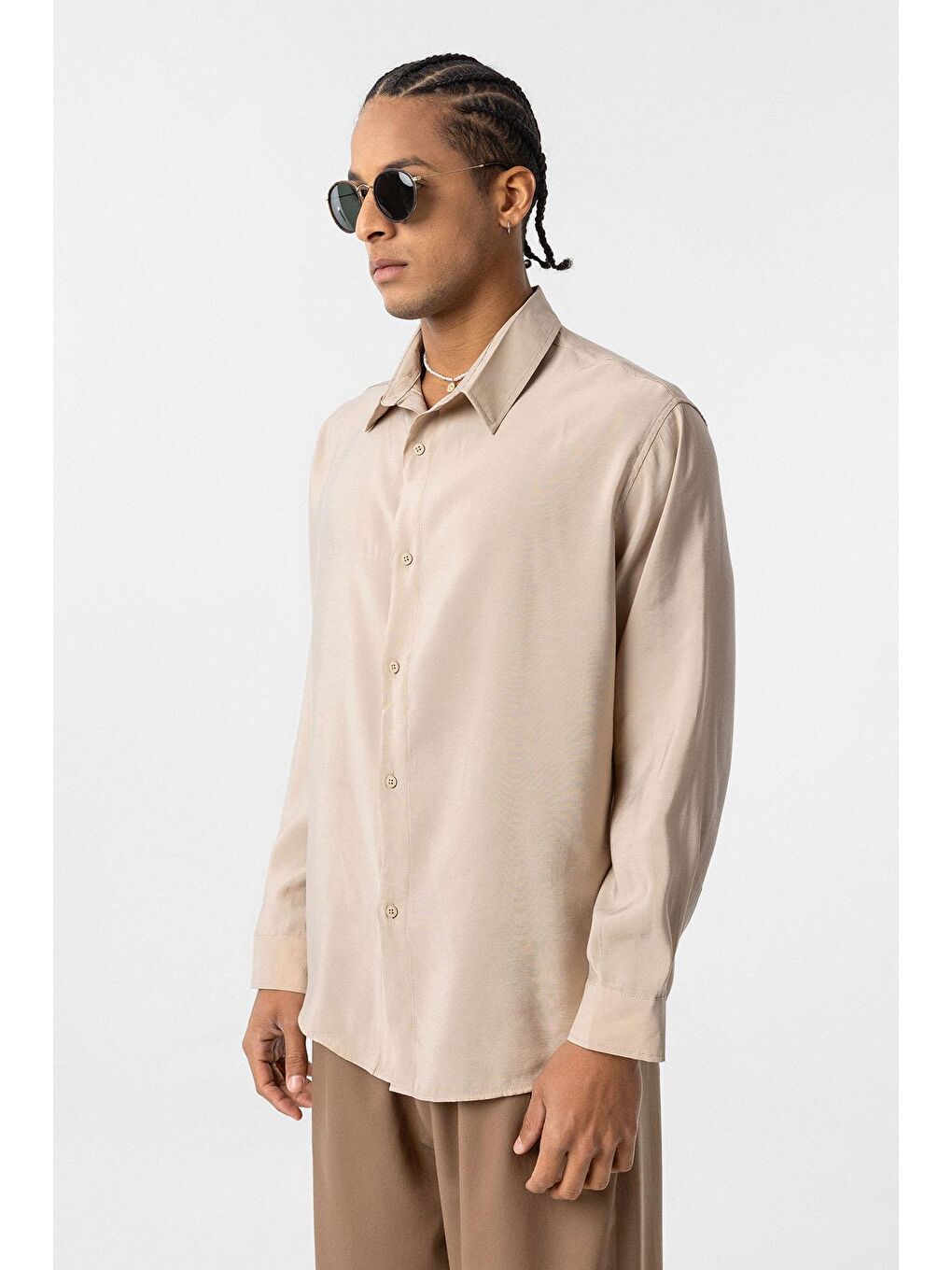 Oversize Modal Kumaş Gömlek Bej-2