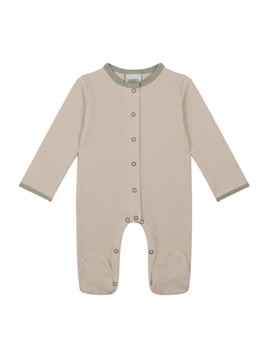 Ekru Yeşil Detaylı Bej Waffle Tulum