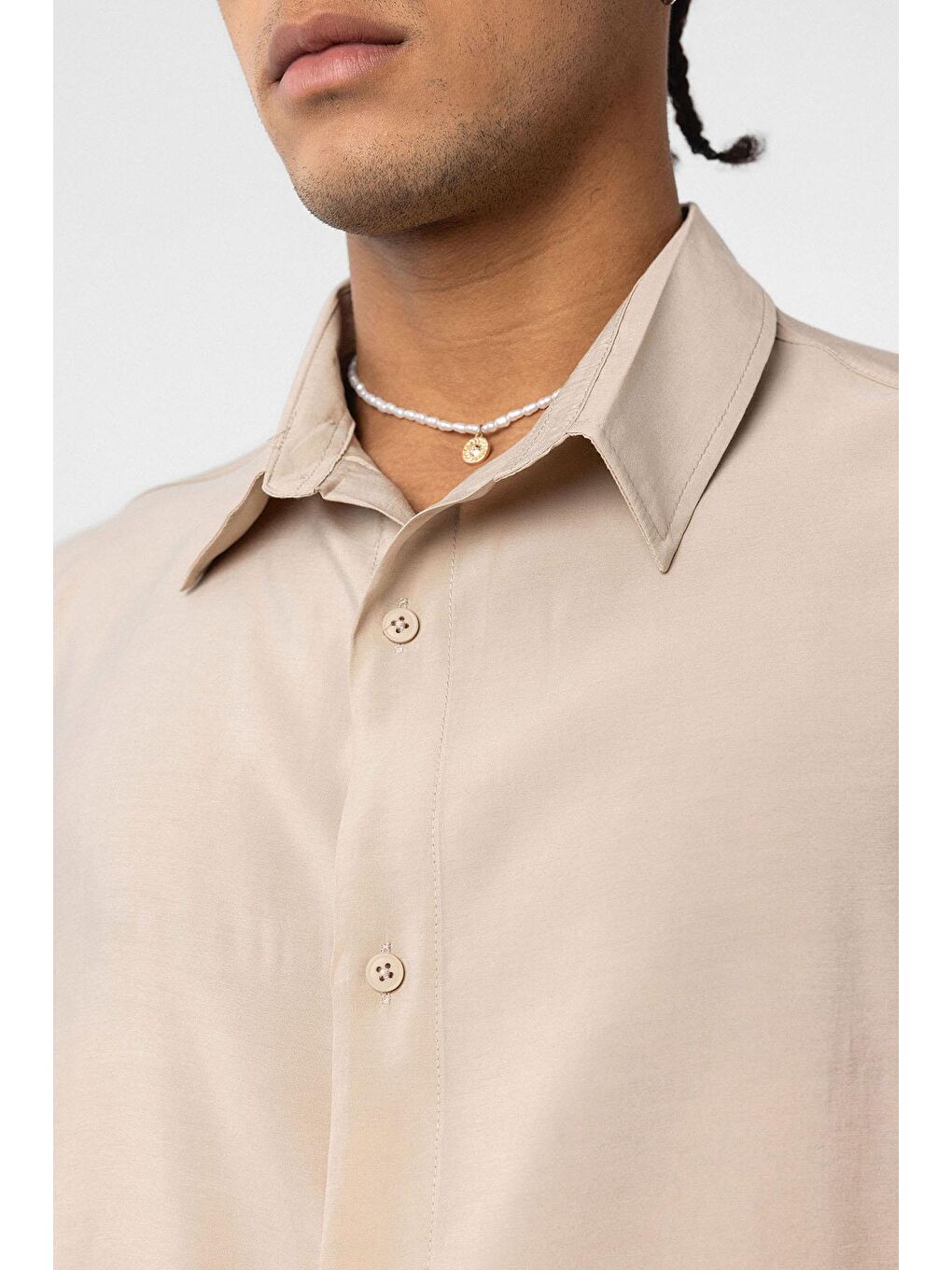 Oversize Modal Kumaş Gömlek Bej-3