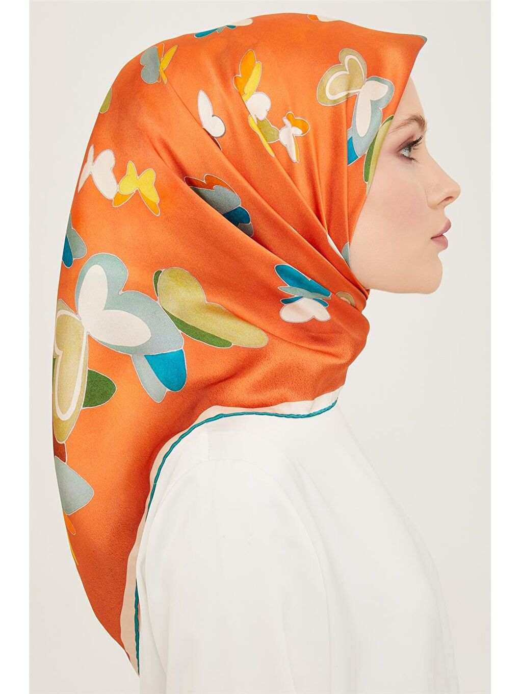 Turuncu Obje Desenli Twill İpek Eşarp 24Ya9146 33 02-1