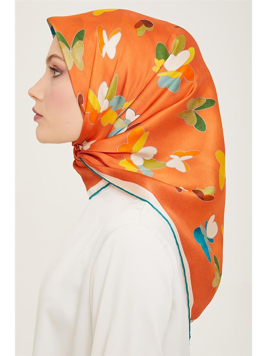 Turuncu Obje Desenli Twill İpek Eşarp 24Ya9146 33 02-2