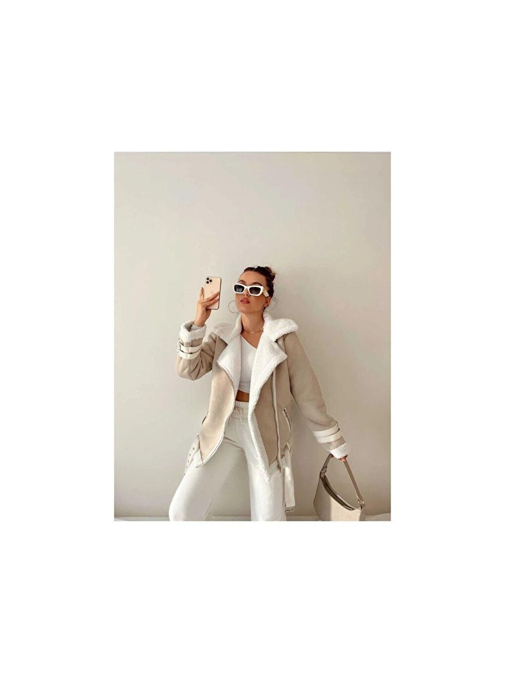 Ekru Kadın Kemer Detaylı Süet Mont-2