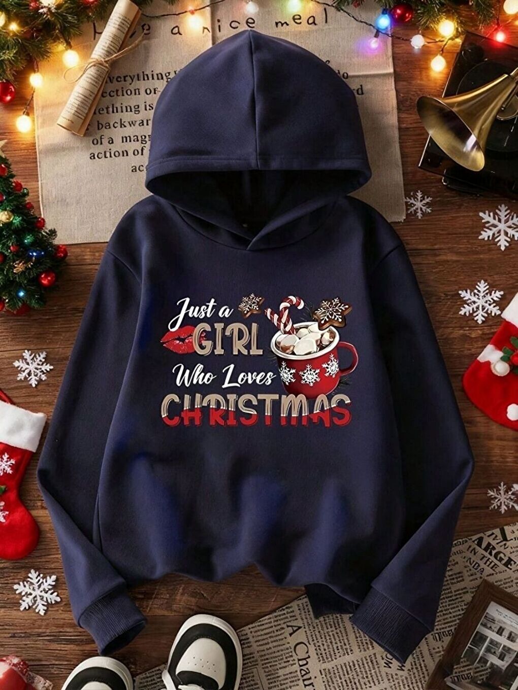 Lacivert Laci Christmas Baskılı Oversize Kapüşonlu Sweatshirt Uzun Kollu Yılbaşı Temalı Hoodie