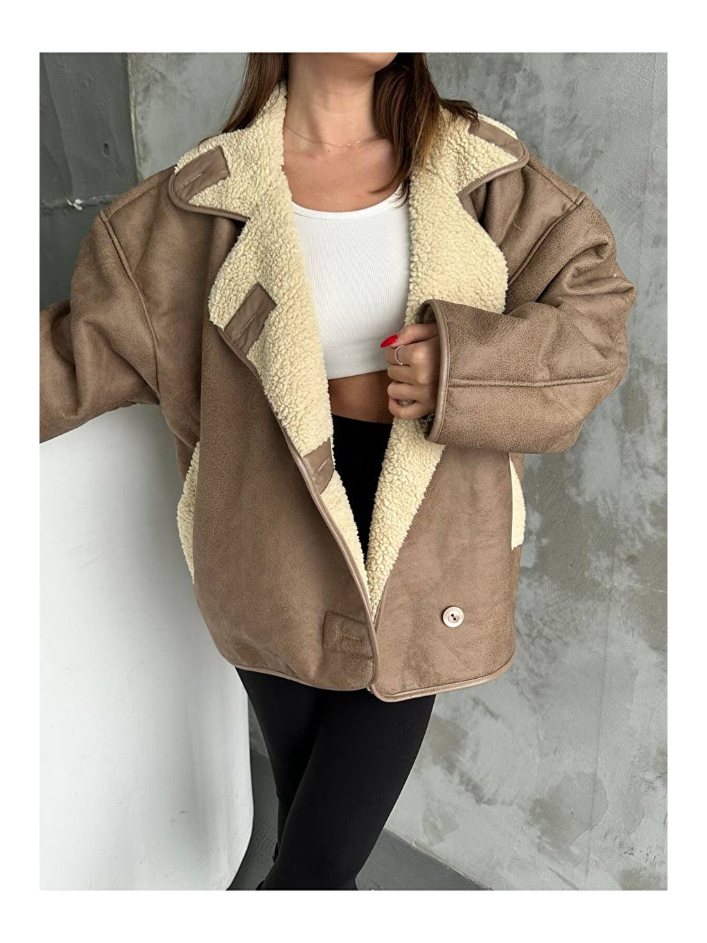 Bej Dokulu Kahve Süet İçi Kürk Oversize Zr Mont