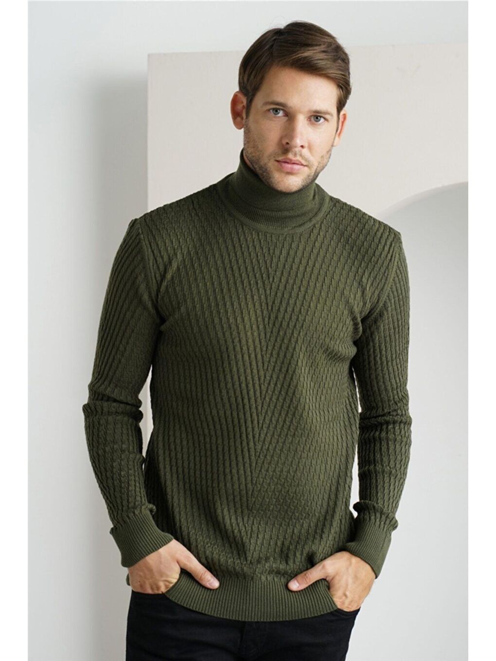 Haki Erkek Yürütme Örgü Balıkçı Yaka Triko Kazak