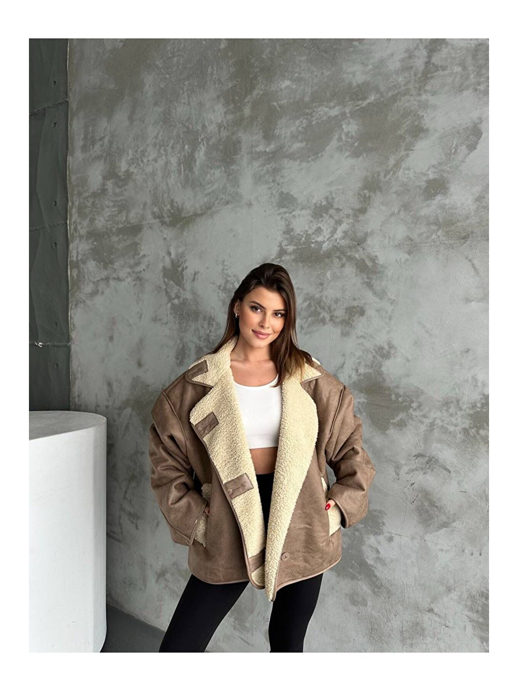 Bej Dokulu Kahve Süet İçi Kürk Oversize Zr Mont-1