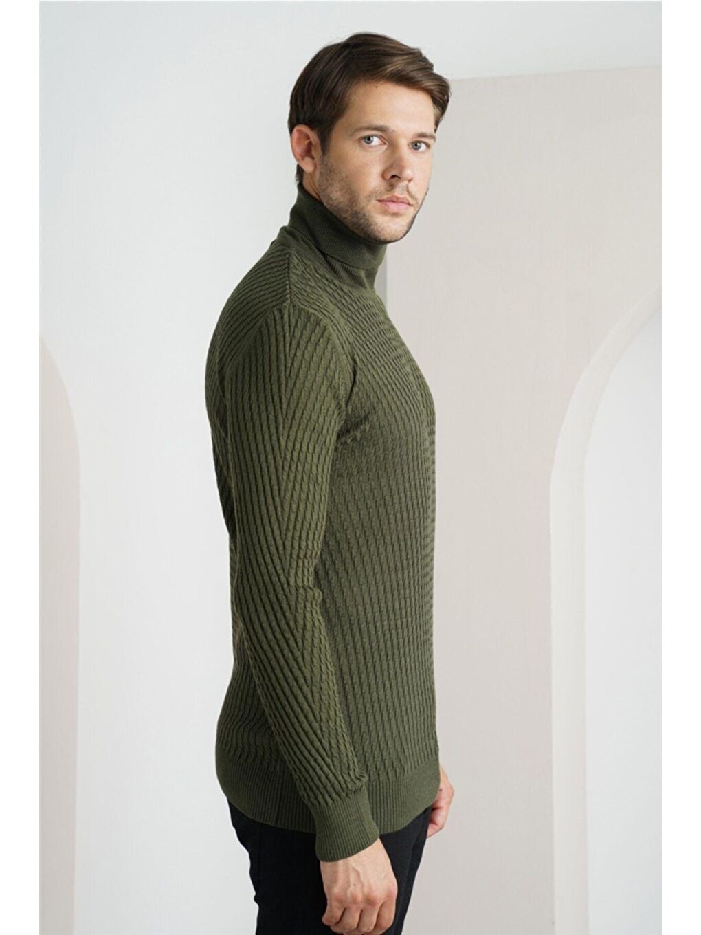 Haki Erkek Yürütme Örgü Balıkçı Yaka Triko Kazak-1