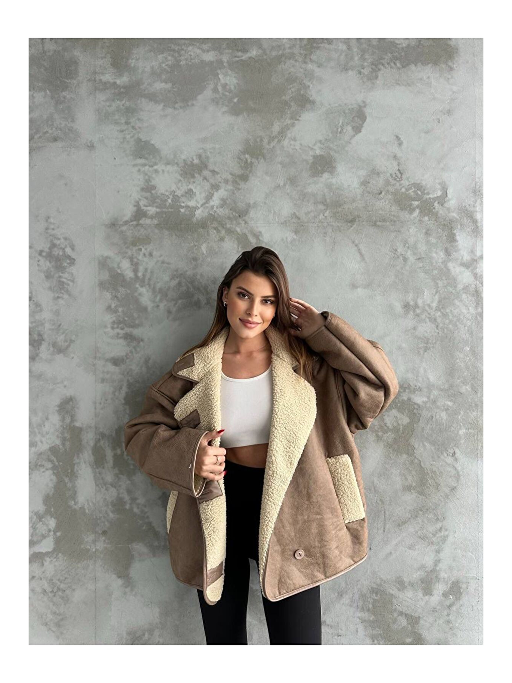 Bej Dokulu Kahve Süet İçi Kürk Oversize Zr Mont-2