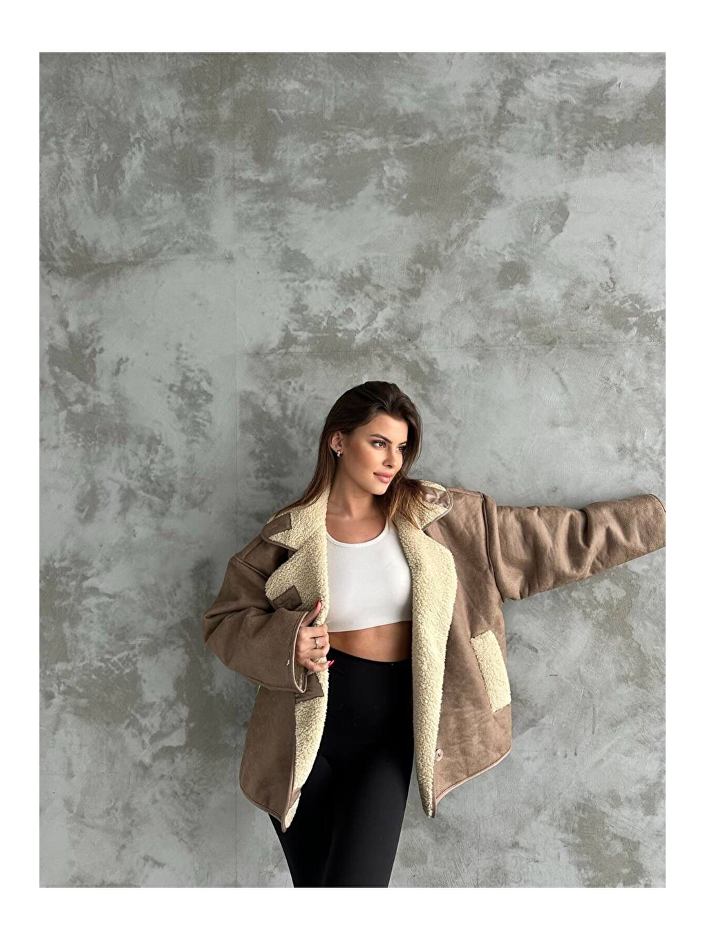 Bej Dokulu Kahve Süet İçi Kürk Oversize Zr Mont-3