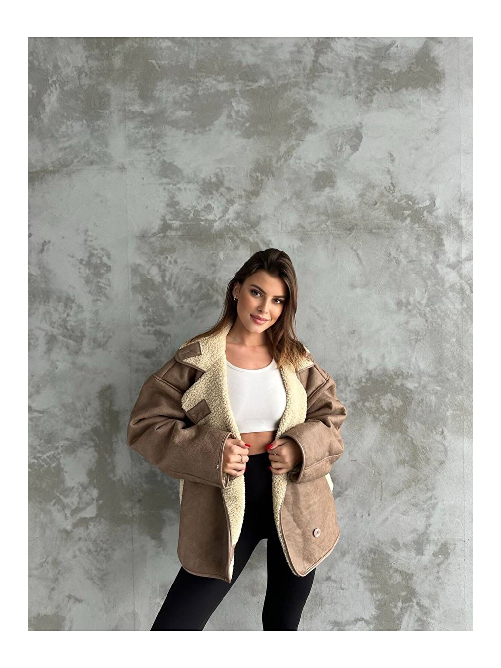 Bej Dokulu Kahve Süet İçi Kürk Oversize Zr Mont-4