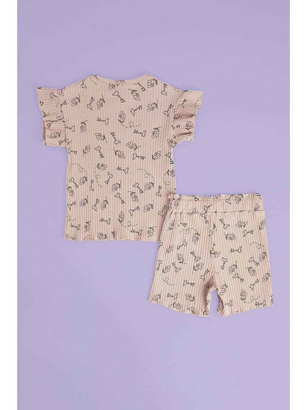 Pembe Fitilli Çiçek Desenli Fırfırlı Kız Çocuk Şortlu 2 Li Takım-1