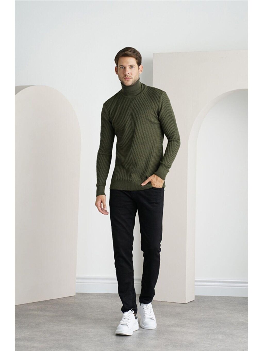 Haki Erkek Yürütme Örgü Balıkçı Yaka Triko Kazak-3